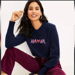 LOFT Navy Collared Sweater with Pink & Red 'AMOUR'